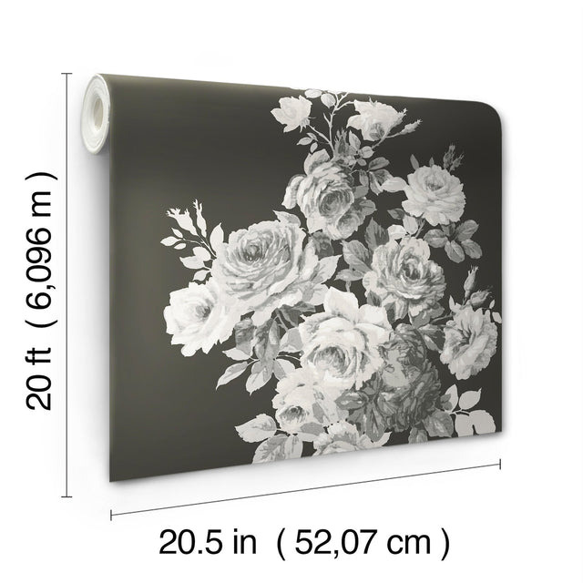 Magnolia Home Tea Rose Black & White Peel & Stick Wallpaper with Floral Rose Motif - York PSW1156RL