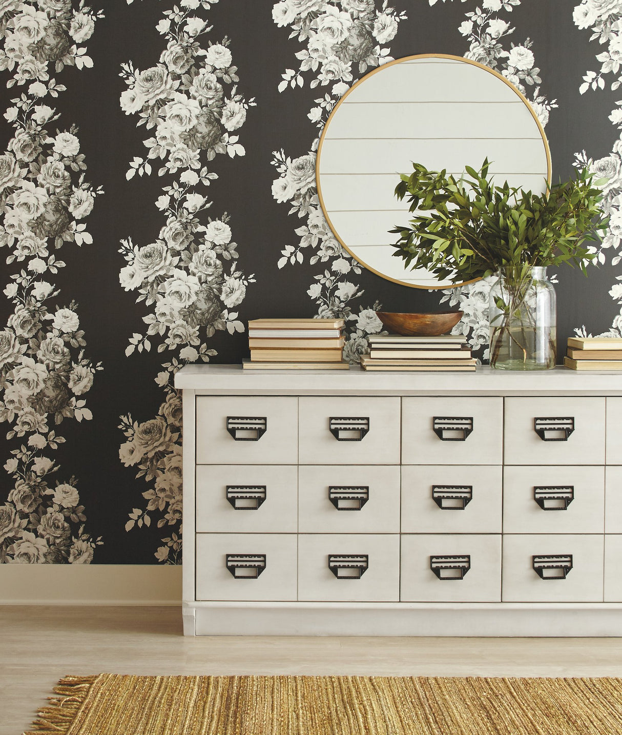 Magnolia Home Tea Rose Black & White Peel & Stick Wallpaper with Floral Rose Motif - York PSW1156RL
