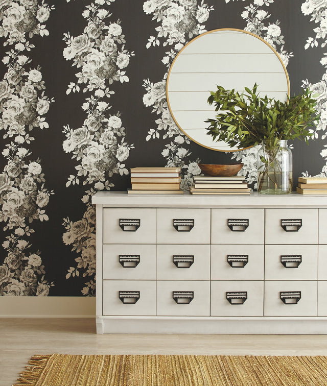 Magnolia Home Tea Rose Black & White Peel & Stick Wallpaper with Floral Rose Motif - York PSW1156RL