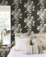 Magnolia Home Tea Rose Black & White Peel & Stick Wallpaper with Floral Rose Motif - York PSW1156RL