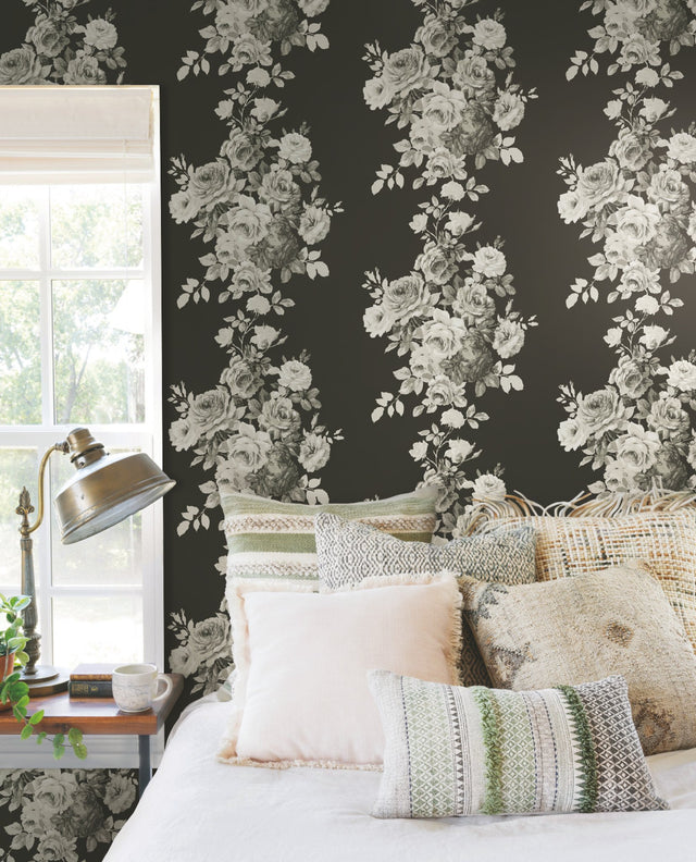 Magnolia Home Tea Rose Black & White Peel & Stick Wallpaper with Floral Rose Motif - York PSW1156RL