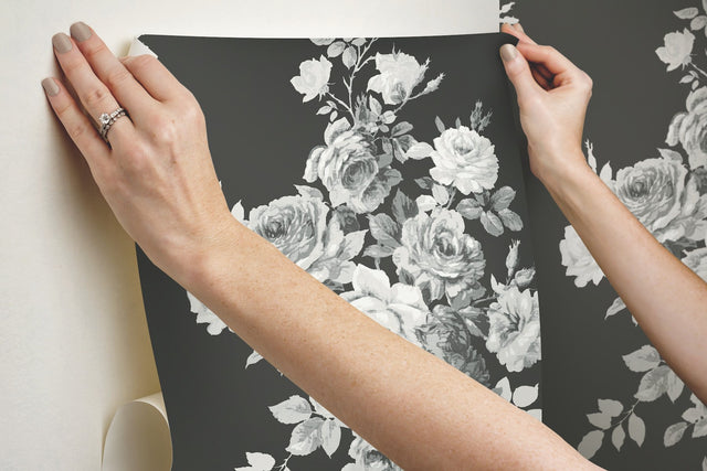 Magnolia Home Tea Rose Black & White Peel & Stick Wallpaper with Floral Rose Motif - York PSW1156RL
