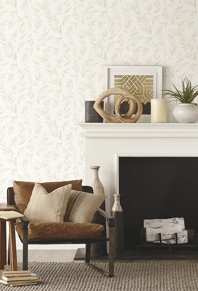 Magnolia Home Olive Branch Beige Peel & Stick Wallpaper with Botanical Farmhouse Style - York PSW1158RL