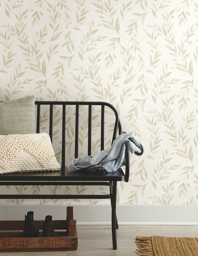 Magnolia Home Olive Branch Beige Peel & Stick Wallpaper with Botanical Farmhouse Style - York PSW1158RL