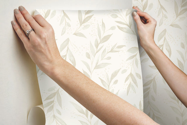 Magnolia Home Olive Branch Beige Peel & Stick Wallpaper with Botanical Farmhouse Style - York PSW1158RL