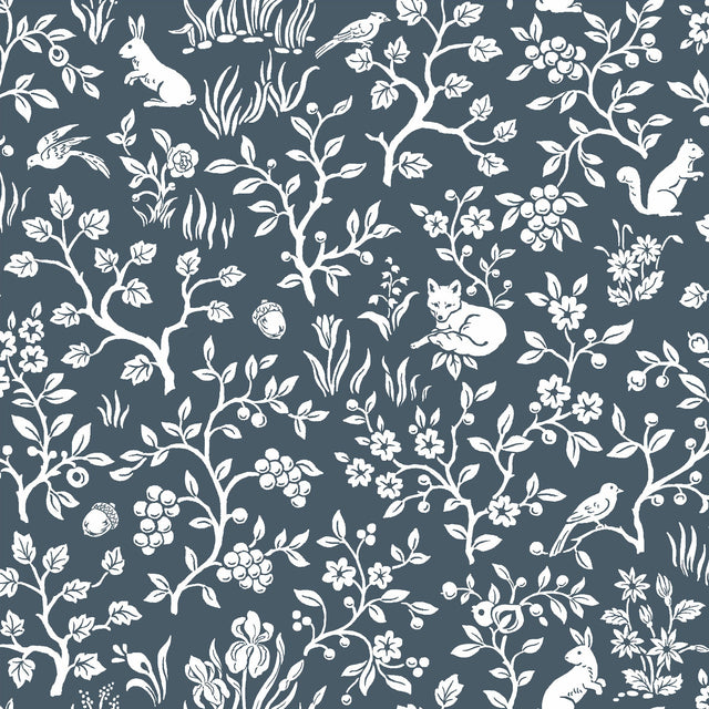 Magnolia Home Fox & Hare Navy Peel & Stick Wallpaper with Whimsical Woodland Animal Toile Pattern - York PSW1166RL