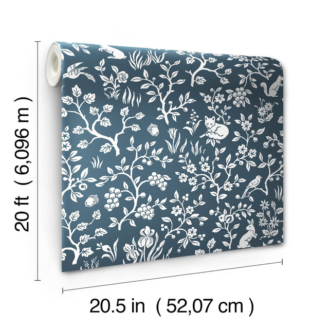 Magnolia Home Fox & Hare Navy Peel & Stick Wallpaper with Whimsical Woodland Animal Toile Pattern - York PSW1166RL