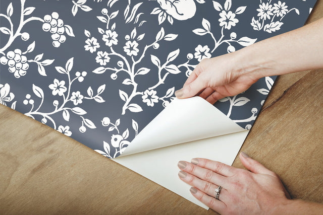 Magnolia Home Fox & Hare Navy Peel & Stick Wallpaper with Whimsical Woodland Animal Toile Pattern - York PSW1166RL