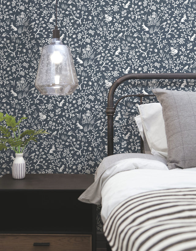 Magnolia Home Fox & Hare Navy Peel & Stick Wallpaper with Whimsical Woodland Animal Toile Pattern - York PSW1166RL