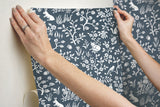 Magnolia Home Fox & Hare Navy Peel & Stick Wallpaper with Whimsical Woodland Animal Toile Pattern - York PSW1166RL