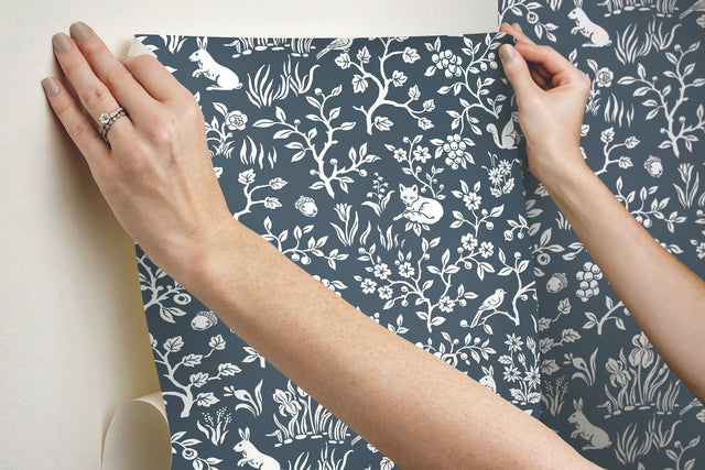 Magnolia Home Fox & Hare Navy Peel & Stick Wallpaper with Whimsical Woodland Animal Toile Pattern - York PSW1166RL