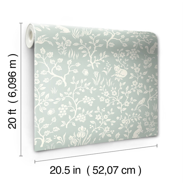Magnolia Home Fox & Hare Green Peel & Stick Wallpaper with Folklore Animal Motif - York PSW1167RL