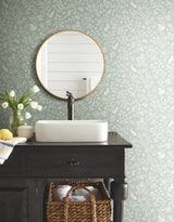 Magnolia Home Fox & Hare Green Peel & Stick Wallpaper with Folklore Animal Motif - York PSW1167RL