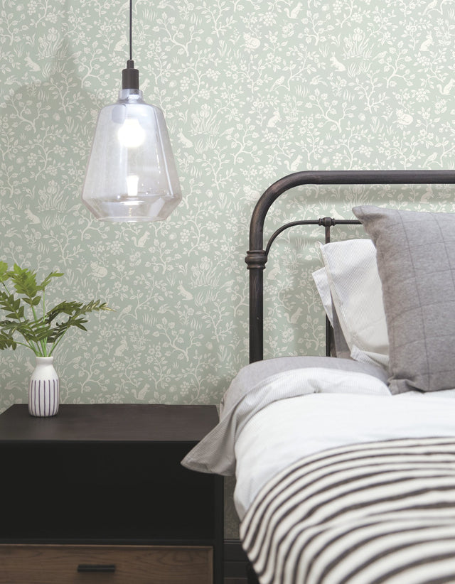 Magnolia Home Fox & Hare Green Peel & Stick Wallpaper with Folklore Animal Motif - York PSW1167RL
