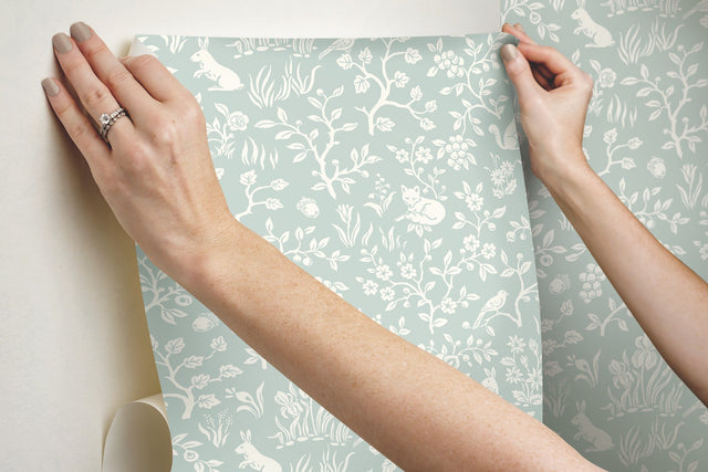 Magnolia Home Fox & Hare Green Peel & Stick Wallpaper with Folklore Animal Motif - York PSW1167RL