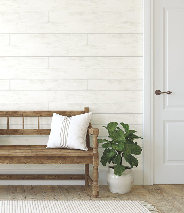 Magnolia Home Shiplap White Peel & Stick Wallpaper with Textured Wood Plank Look - York PSW1176RL