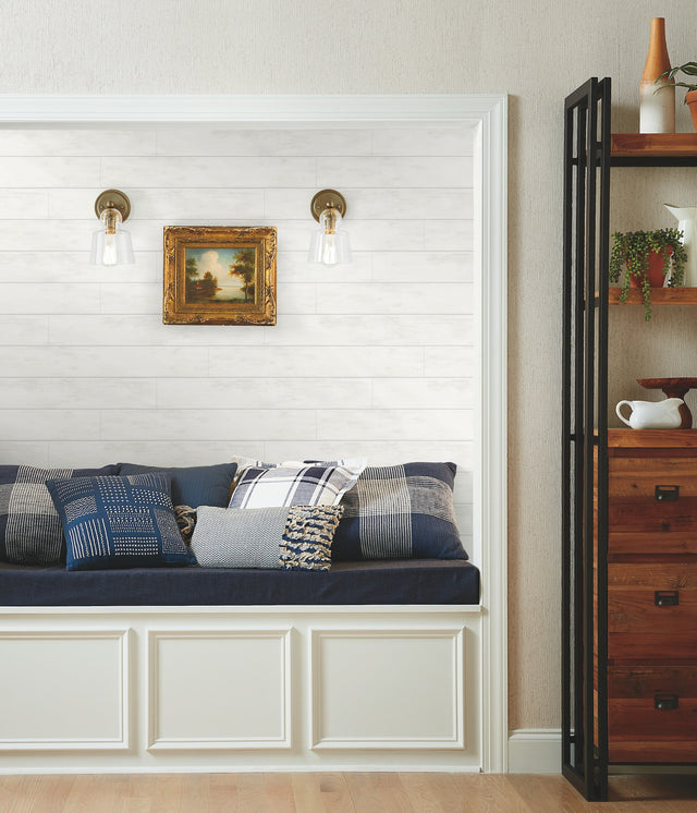 Magnolia Home Shiplap White Peel & Stick Wallpaper with Textured Wood Plank Look - York PSW1176RL