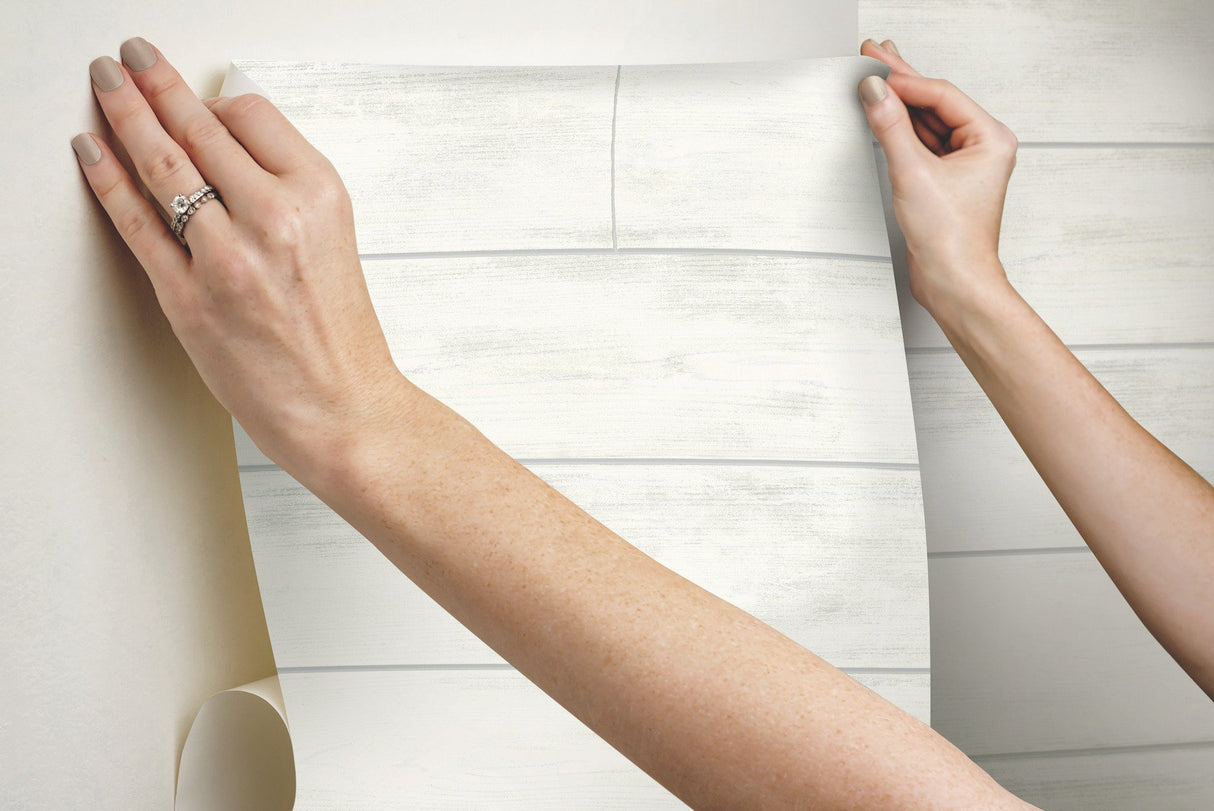 Magnolia Home Shiplap White Peel & Stick Wallpaper with Textured Wood Plank Look - York PSW1176RL