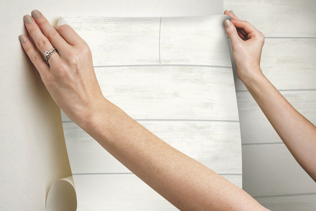 Magnolia Home Shiplap White Peel & Stick Wallpaper with Textured Wood Plank Look - York PSW1176RL