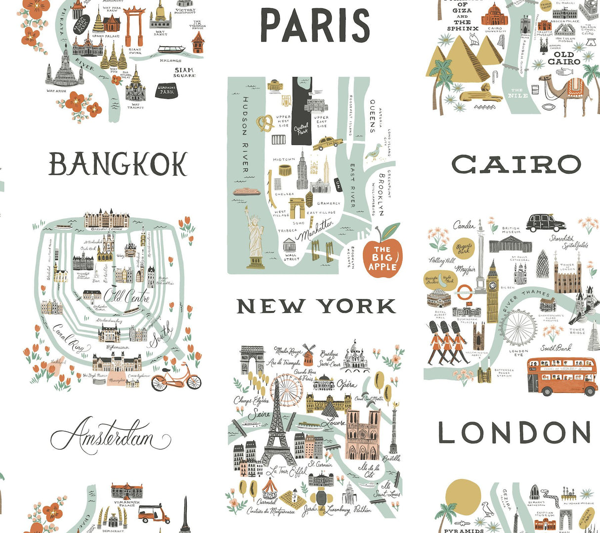 City Maps Mint Peel & Stick Wallpaper with Illustrated Travel City Map Pattern - York PSW1195RL