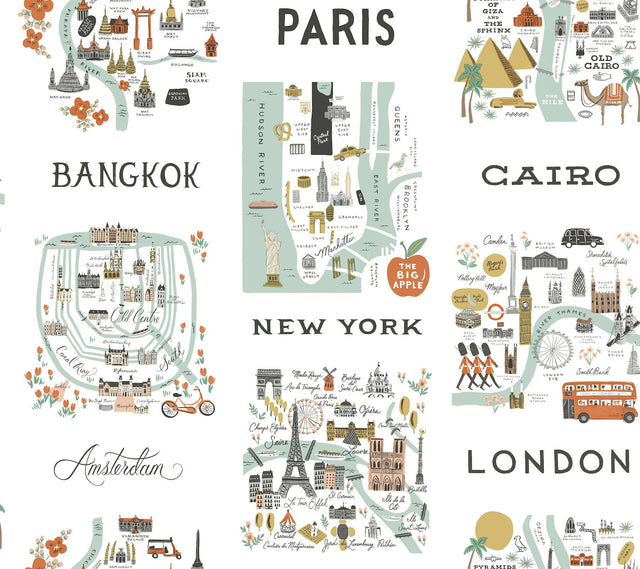 City Maps Mint Peel & Stick Wallpaper with Illustrated Travel City Map Pattern - York PSW1195RL