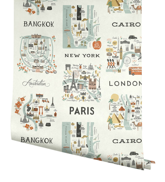 City Maps Mint Peel & Stick Wallpaper with Illustrated Travel City Map Pattern - York PSW1195RL