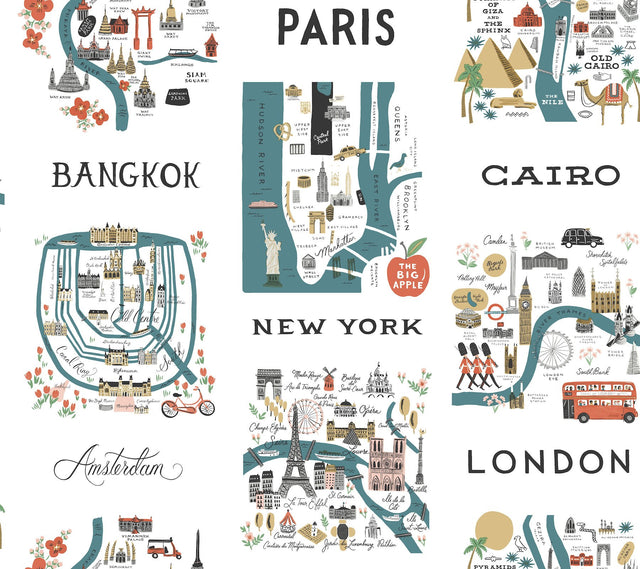 City Maps Blue & Red Premium Peel & Stick Wallpaper with Illustrated World City Map Pattern - York PSW1196RL