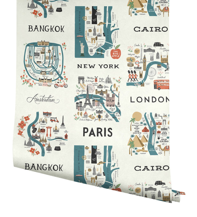 City Maps Blue & Red Premium Peel & Stick Wallpaper with Illustrated World City Map Pattern - York PSW1196RL