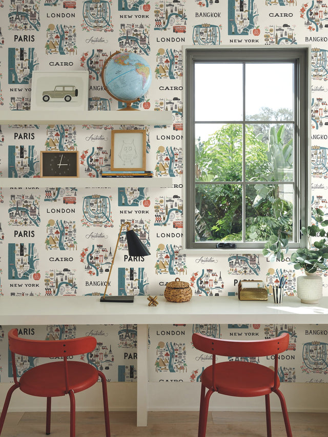 City Maps Blue & Red Premium Peel & Stick Wallpaper with Illustrated World City Map Pattern - York PSW1196RL