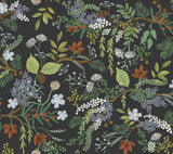 Juniper Forest Black Premium Peel & Stick Wallpaper with Botanical Woodland Motif - York PSW1198RL