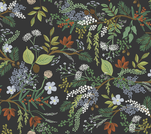 Juniper Forest Black Premium Peel & Stick Wallpaper with Botanical Woodland Motif - York PSW1198RL