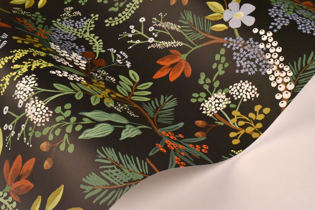Juniper Forest Black Premium Peel & Stick Wallpaper with Botanical Woodland Motif - York PSW1198RL