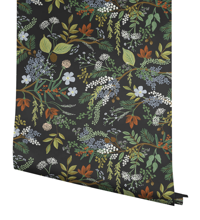 Juniper Forest Black Premium Peel & Stick Wallpaper with Botanical Woodland Motif - York PSW1198RL