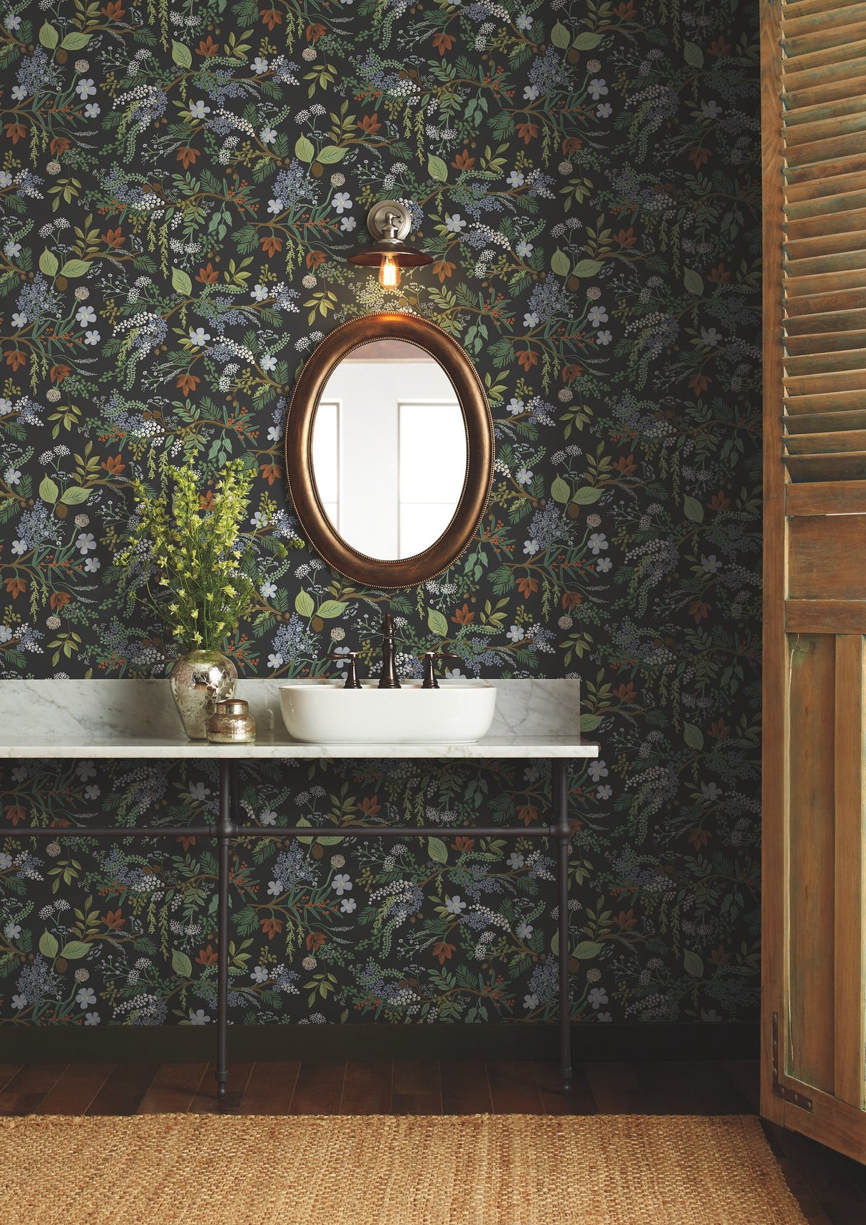Juniper Forest Black Premium Peel & Stick Wallpaper with Botanical Woodland Motif - York PSW1198RL