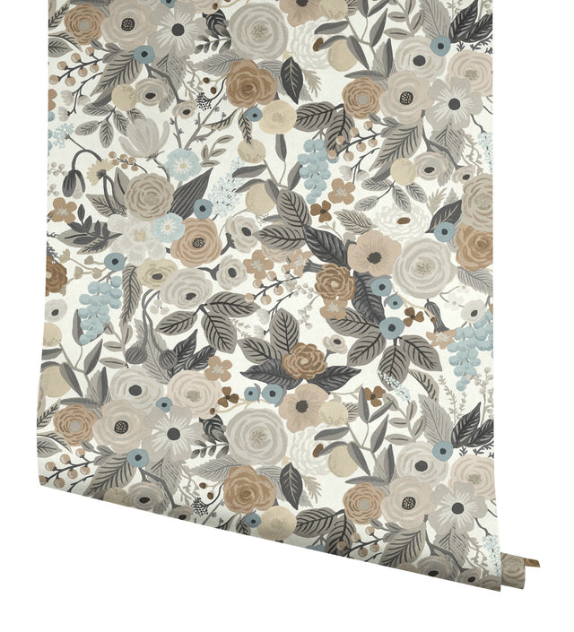 Garden Party Off White & Brown Peel & Stick Wallpaper with Bohemian Floral Pattern - York PSW1202RL