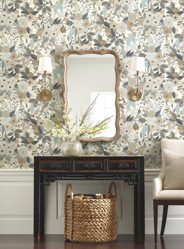 Garden Party Off White & Brown Peel & Stick Wallpaper with Bohemian Floral Pattern - York PSW1202RL