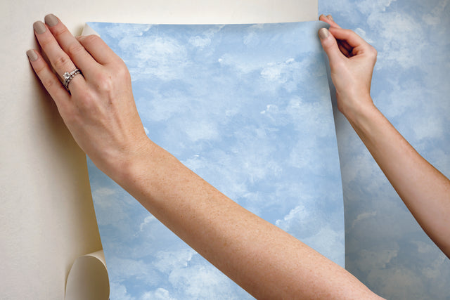 Atrium Clouds Blue Peel & Stick Wallpaper with Matte Sky Cloud Motif - York PSW1211RL