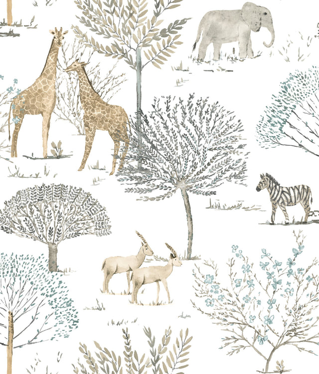 On the Savanna Neutral Peel & Stick Wallpaper with Safari Animals Motif - York PSW1212RL