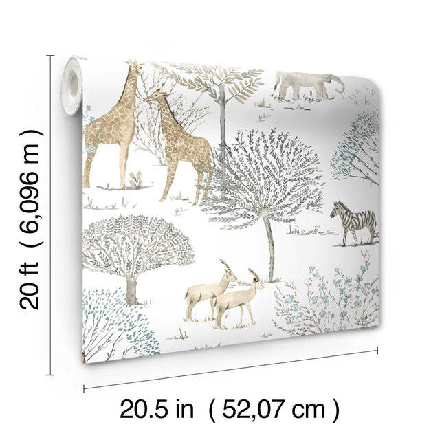 On the Savanna Neutral Peel & Stick Wallpaper with Safari Animals Motif - York PSW1212RL
