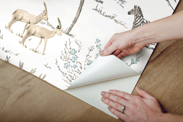 On the Savanna Neutral Peel & Stick Wallpaper with Safari Animals Motif - York PSW1212RL