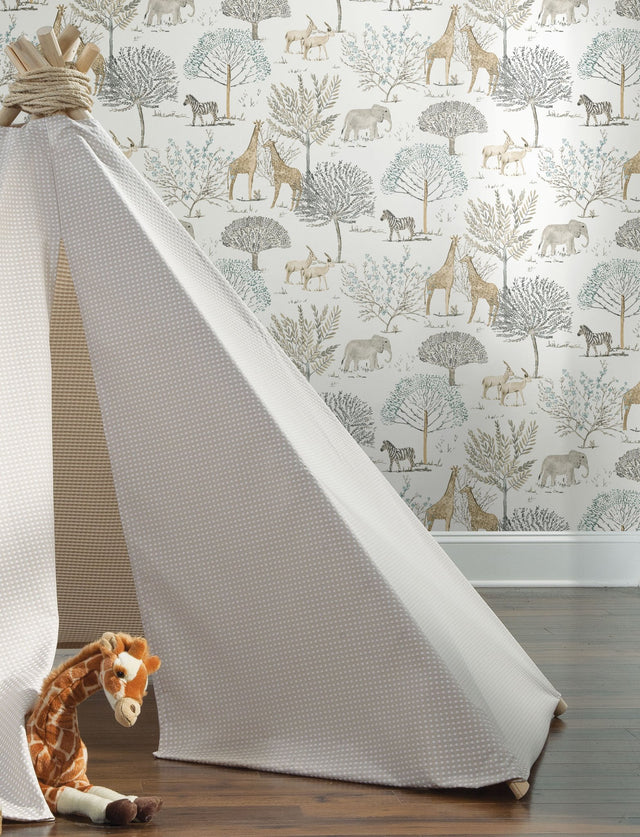 On the Savanna Neutral Peel & Stick Wallpaper with Safari Animals Motif - York PSW1212RL