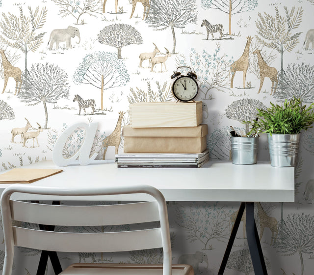 On the Savanna Neutral Peel & Stick Wallpaper with Safari Animals Motif - York PSW1212RL
