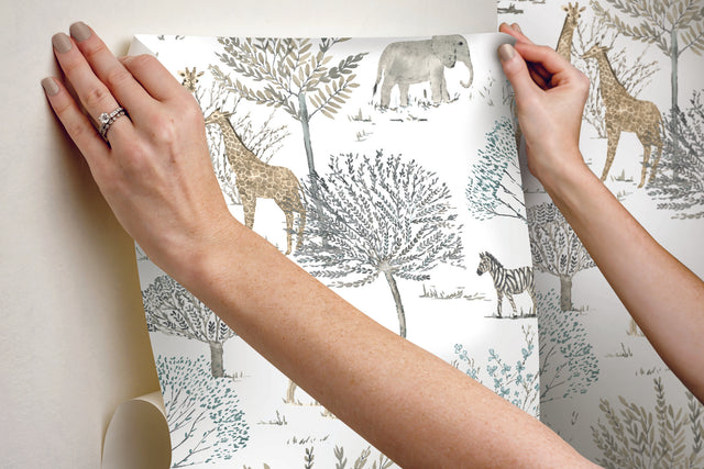On the Savanna Neutral Peel & Stick Wallpaper with Safari Animals Motif - York PSW1212RL