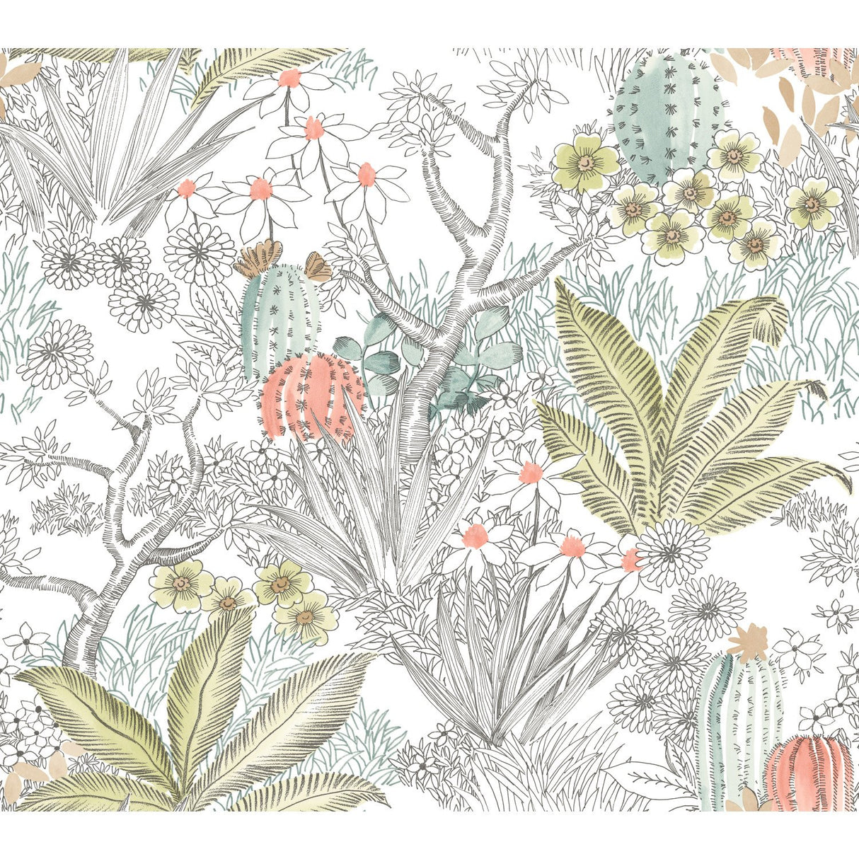 Flowering Desert Grey Peel & Stick Wallpaper with Botanical Cactus Pattern - York PSW1213RL