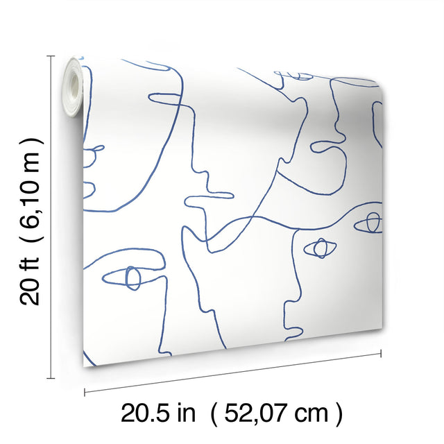 Pablo Portraits Blue Peel & Stick Wallpaper with Modern Line Art Faces - York PSW1214RL
