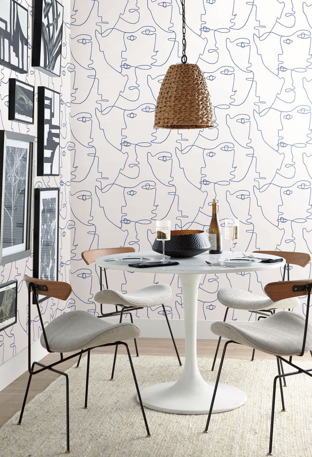 Pablo Portraits Blue Peel & Stick Wallpaper with Modern Line Art Faces - York PSW1214RL