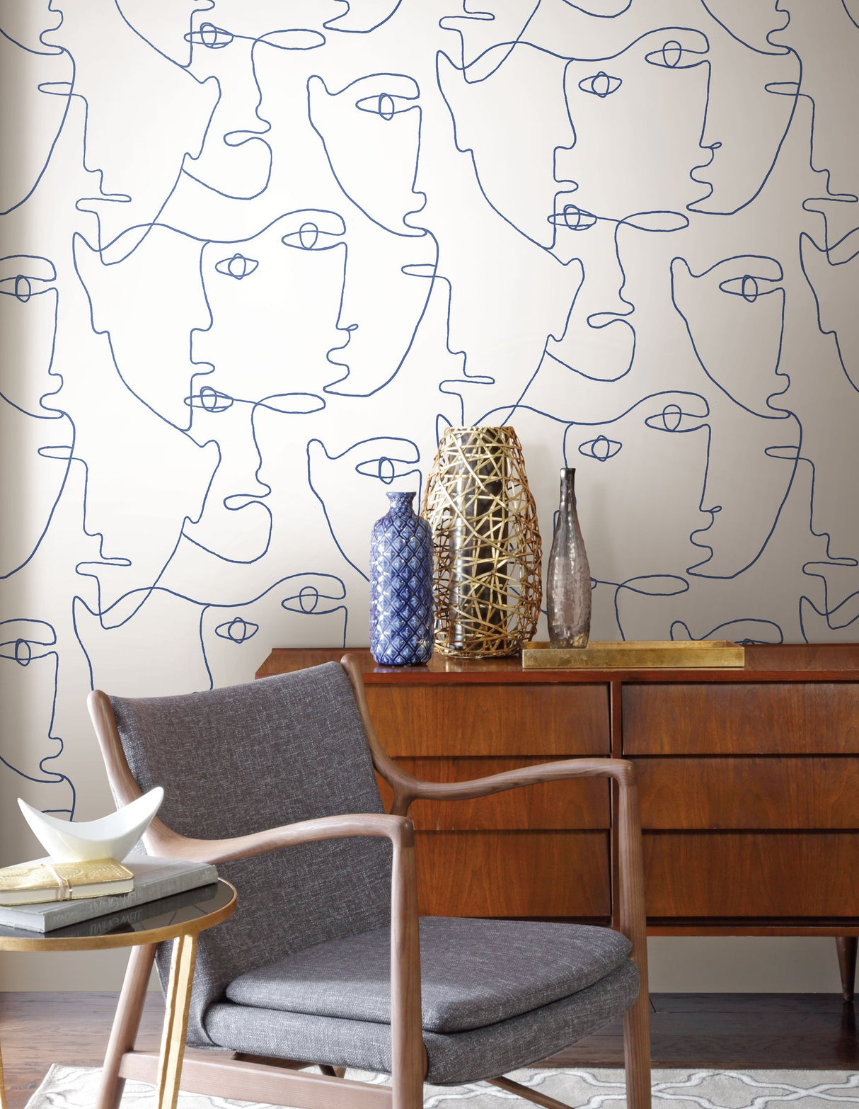 Pablo Portraits Blue Peel & Stick Wallpaper with Modern Line Art Faces - York PSW1214RL
