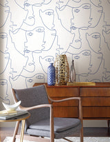 Pablo Portraits Blue Peel & Stick Wallpaper with Modern Line Art Faces - York PSW1214RL