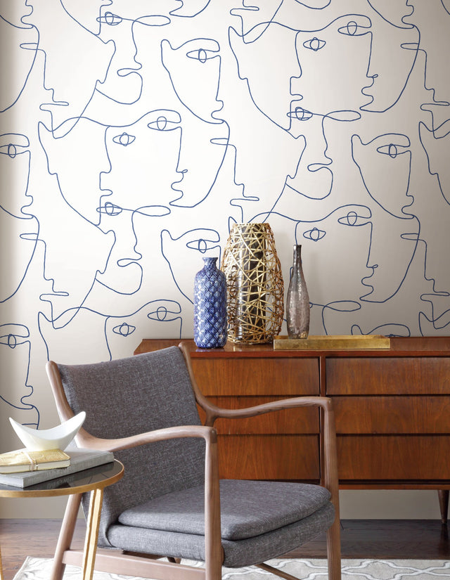Pablo Portraits Blue Peel & Stick Wallpaper with Modern Line Art Faces - York PSW1214RL