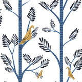 Aviary Branch Blue & Yellow Peel & Stick Wallpaper with Botanical Birds - York PSW1236RL